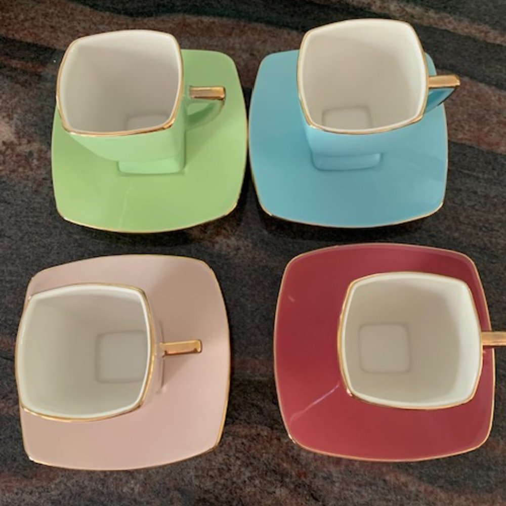 Set Of 4 Classic Coffee Tea Square Pastel Porcelain Teacup & Saucer